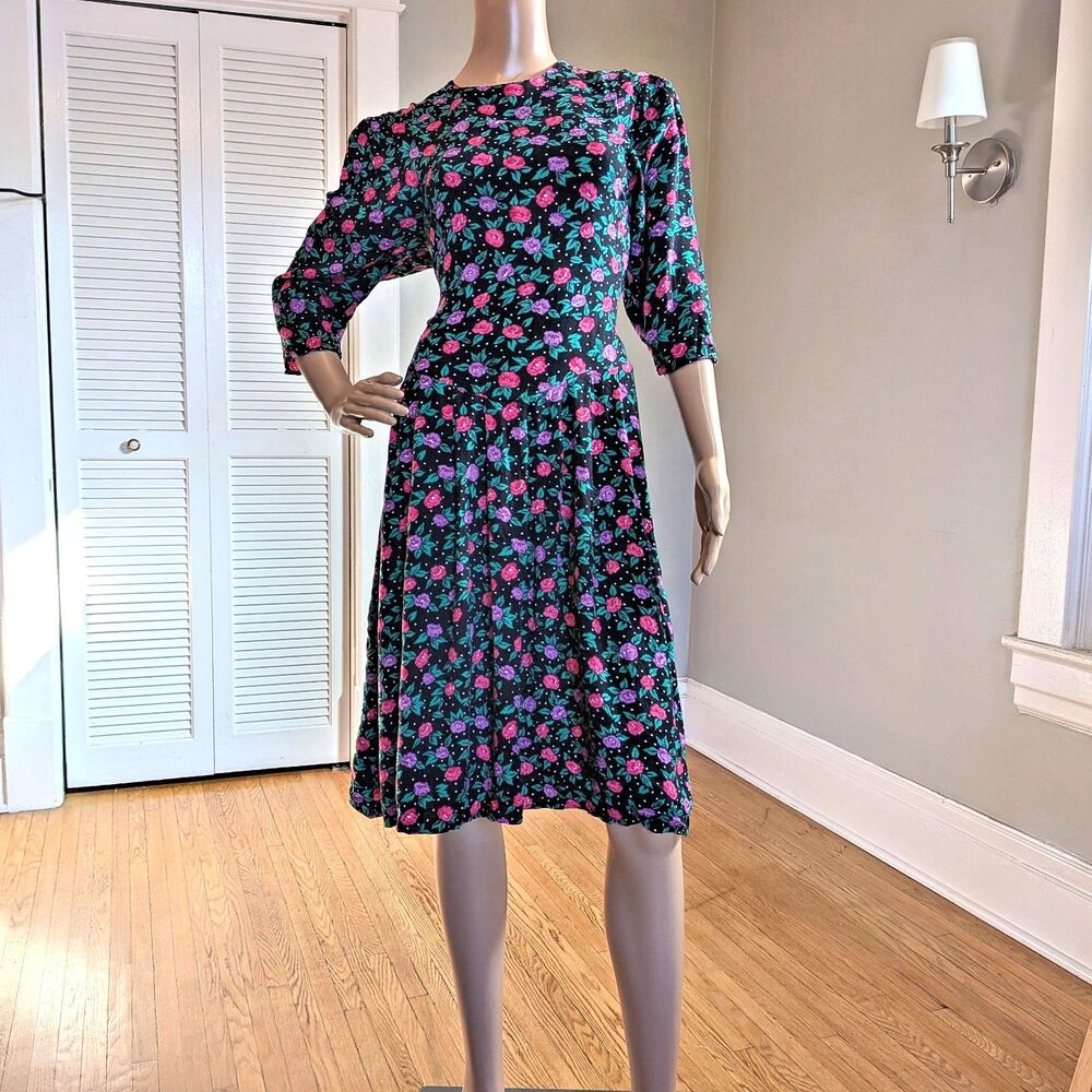 Vintage 80s/90s Dark Floral Midi Dress Joni Blair Drop Waist Cottagecore Size 5